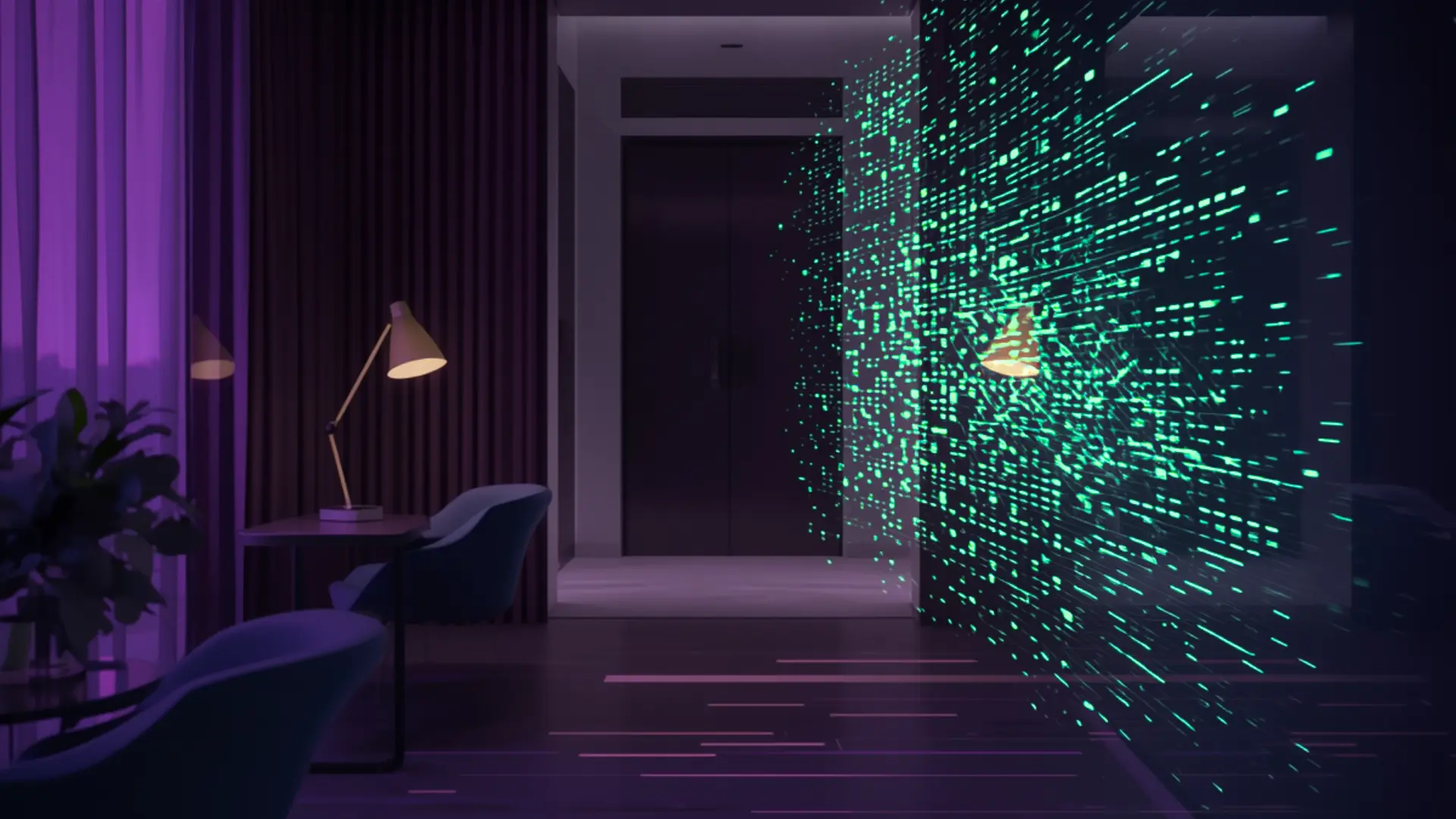 A hotel lounge at night dissolving into a stream of green data